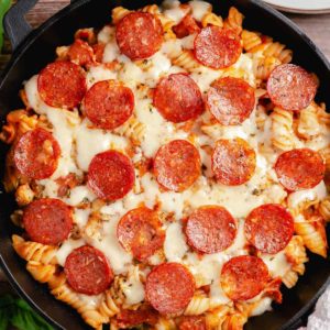 pepperoni pasta baked in a cast iron skillet