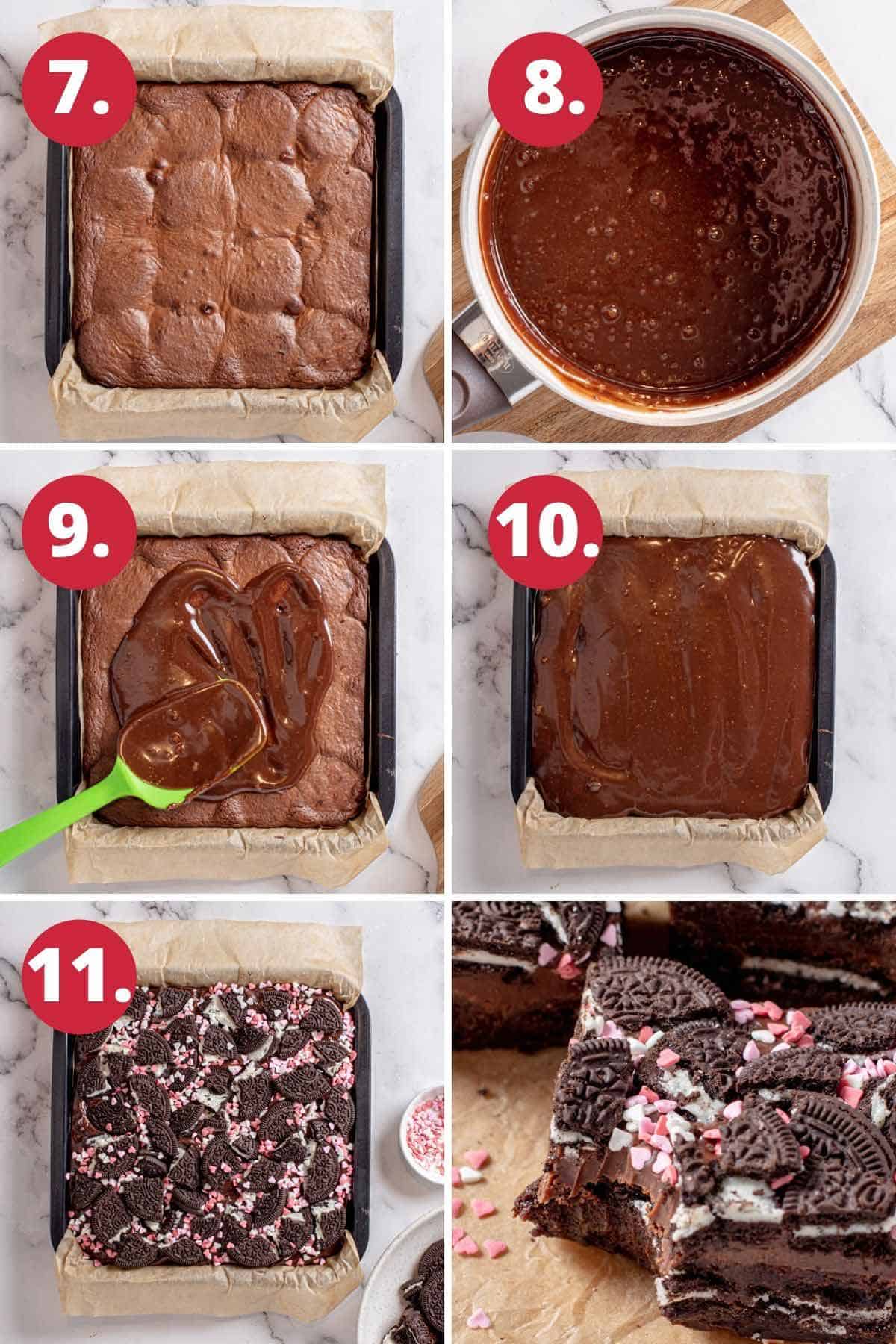 Valentines Oreo Brownies With Chocolate Ganache process step by step in collages