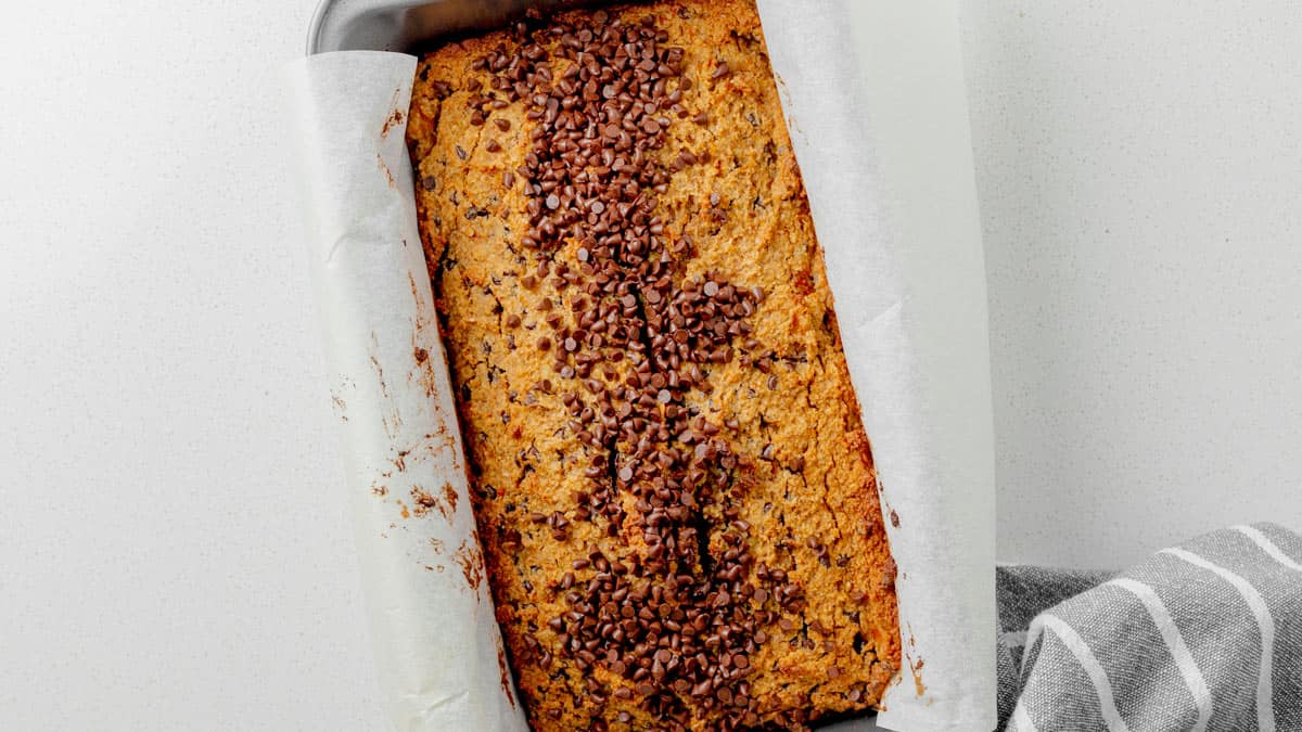 Pumpkin Bread With Chocolate Chips in a loaf tin