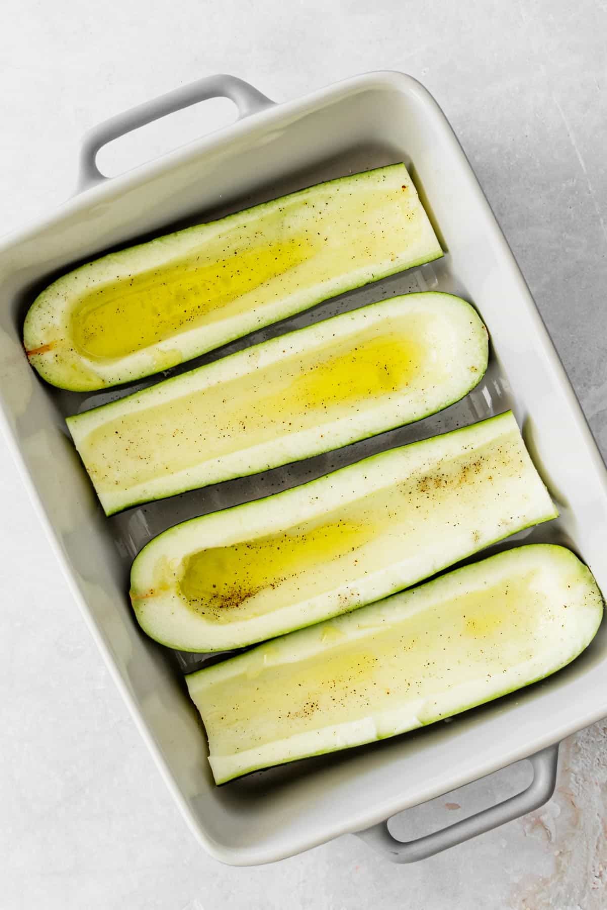 zucchini boats without seeds ready for baking