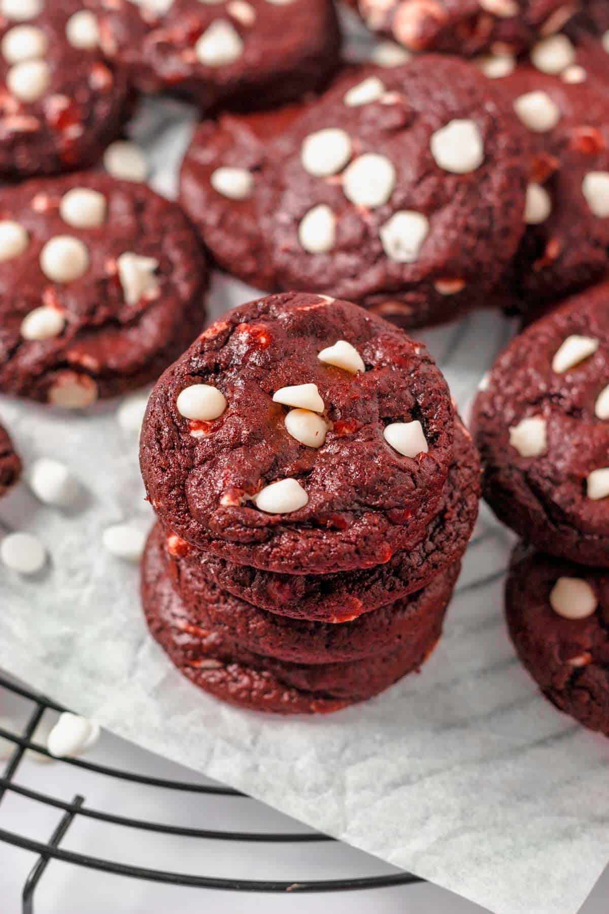 stack of Red Velvet Cookies With White Chocolate Chips