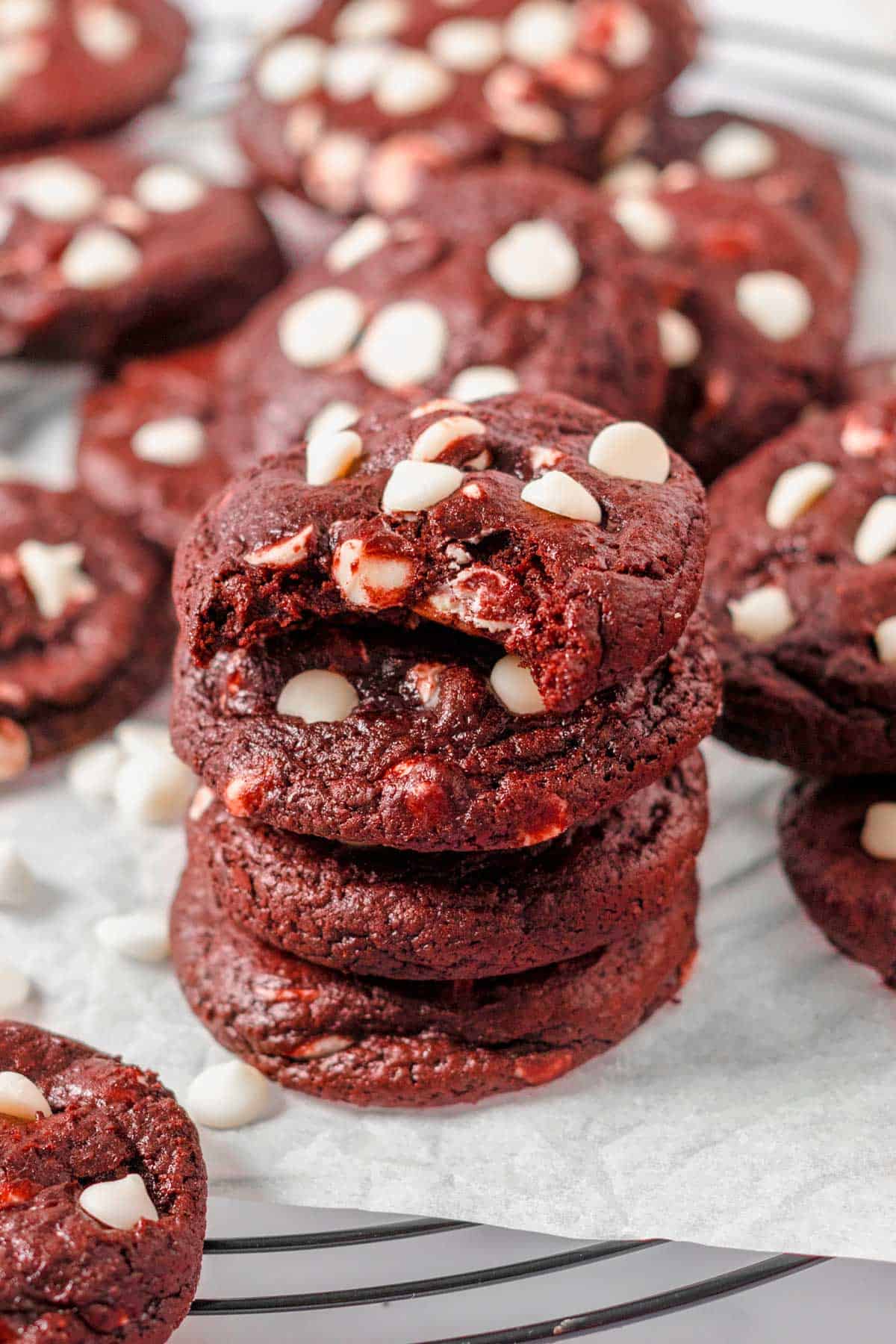stack of Red Velvet Cookies With White Chocolate Chips