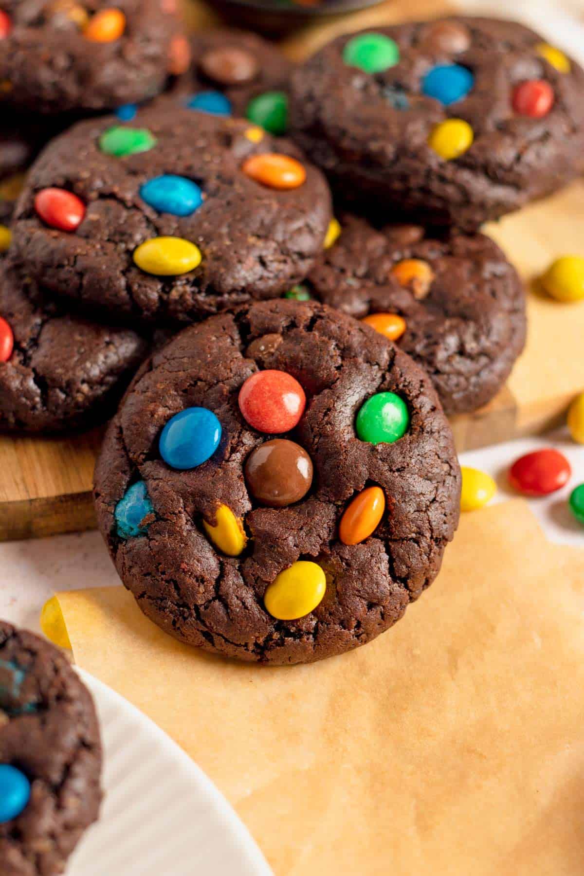 a stack of Chocolate M&Ms cookies