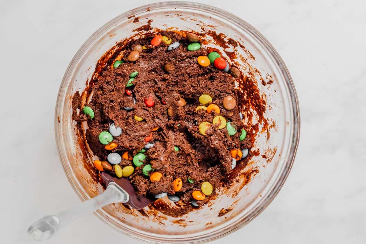 batter for Chocolate M&Ms cookies