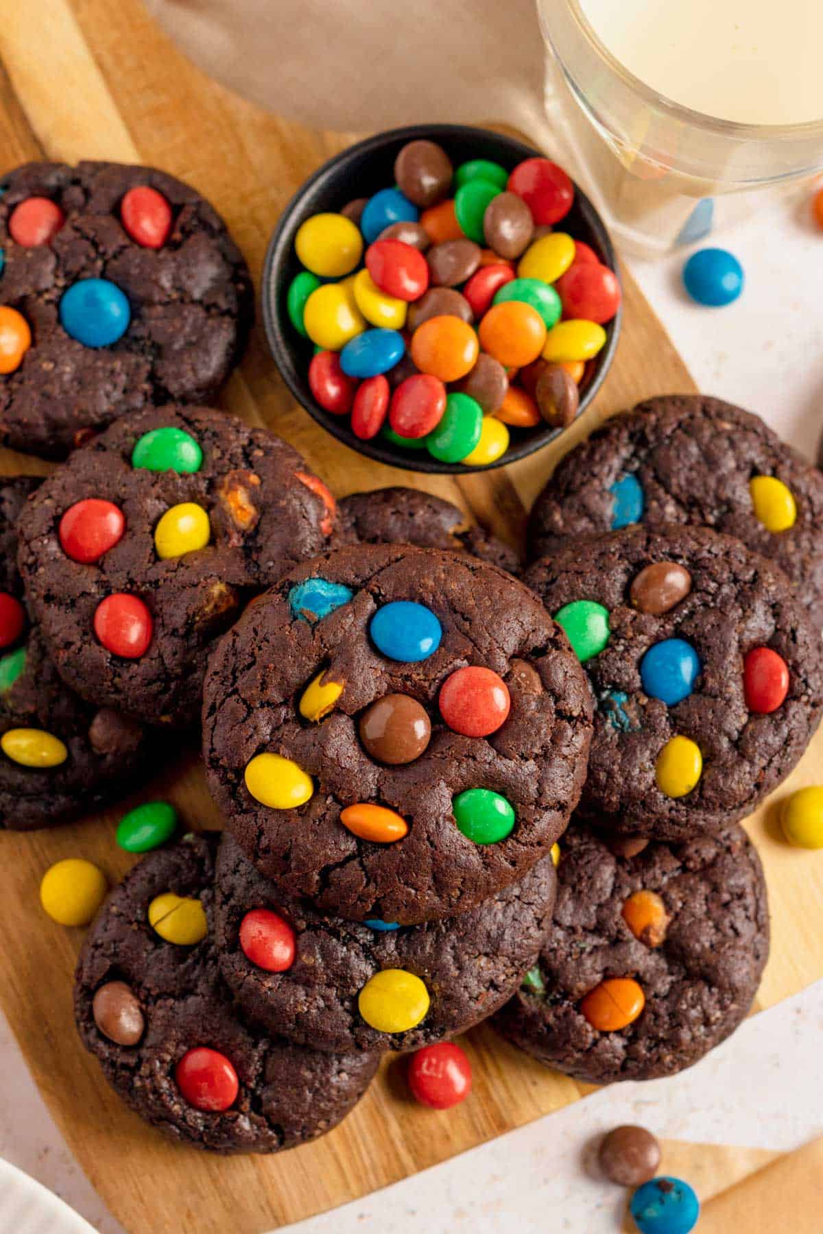 a stack of Chocolate M&Ms cookies