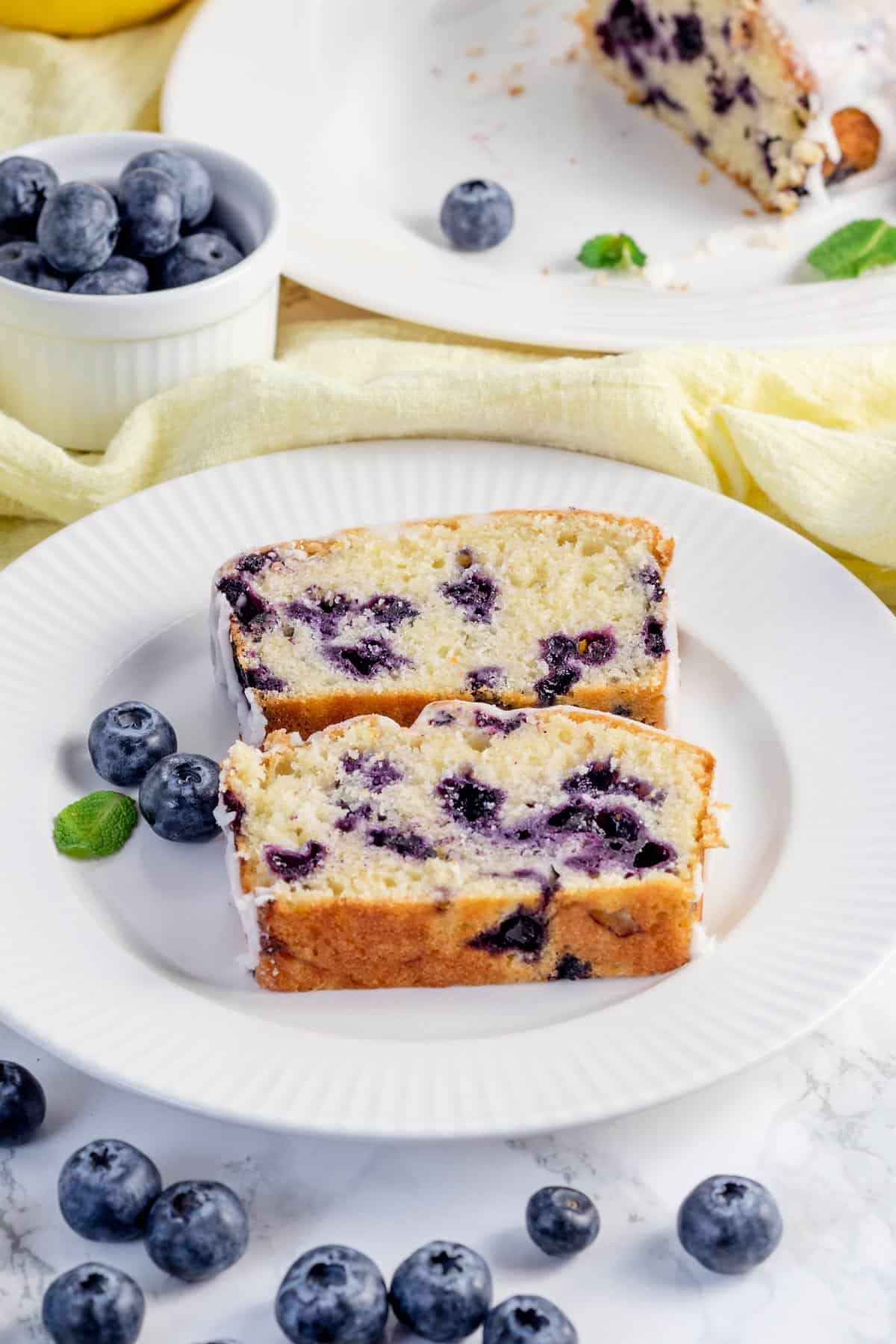 slices of blueberry bread on a plate