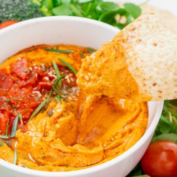 Roasted Red Pepper Hummus in a bowl