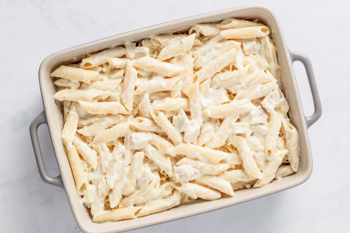 mixed pasta in creamy sauce in baking dish