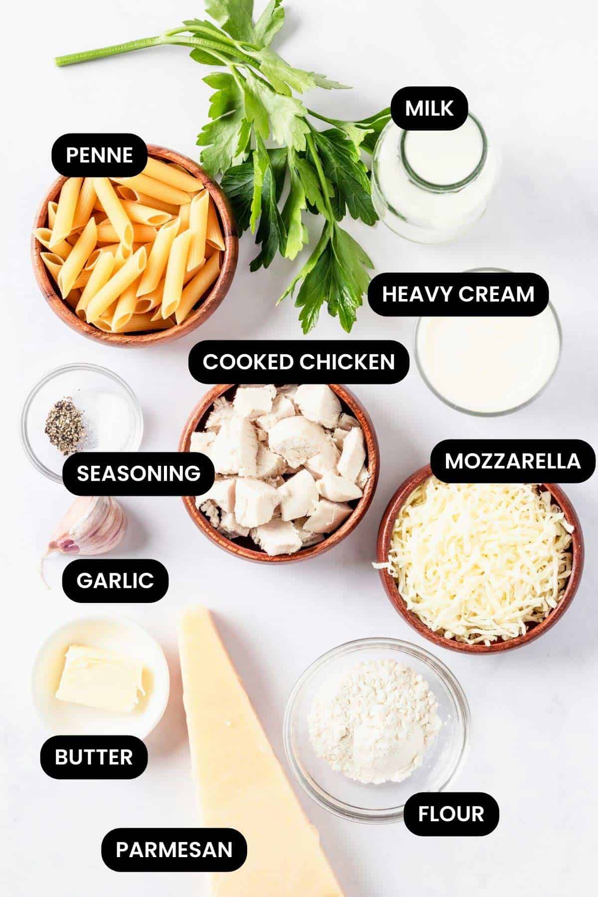 ingredients for chicken and pasta bake