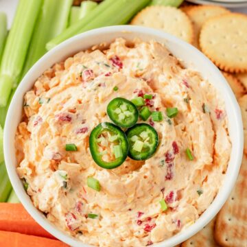 Jalapeno Pimento Cheese in bowl with jalapenos