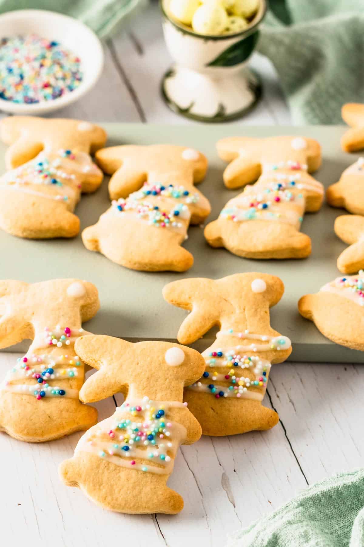 Bunny shaped sugar cookies with icing on a plate