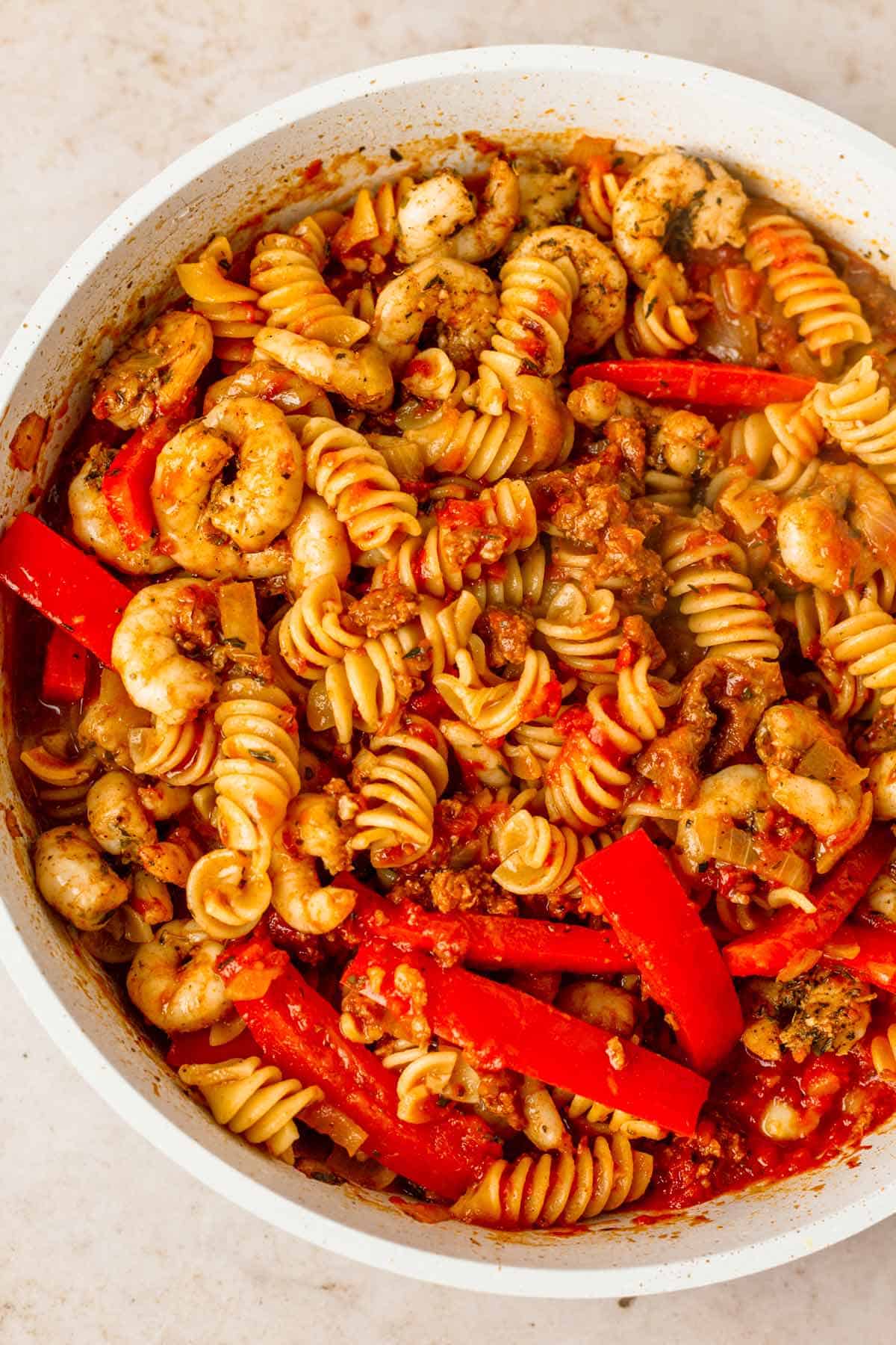 Shrimp and Sausage Pasta Recipe in skillet