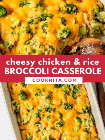 cheesy chicken and rice bake in casserole dish