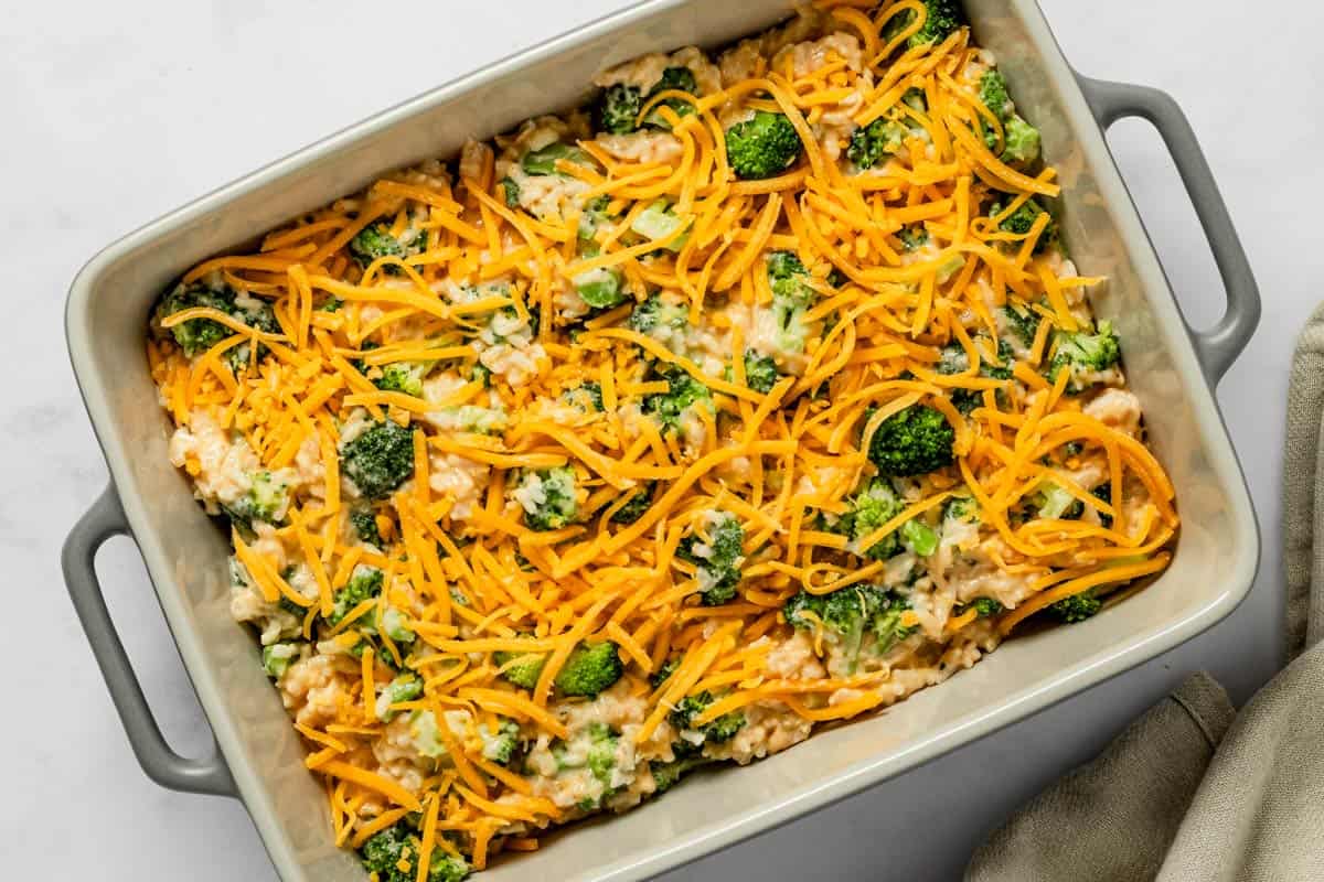 cheesy chicken and rice bake in casserole dish before baking