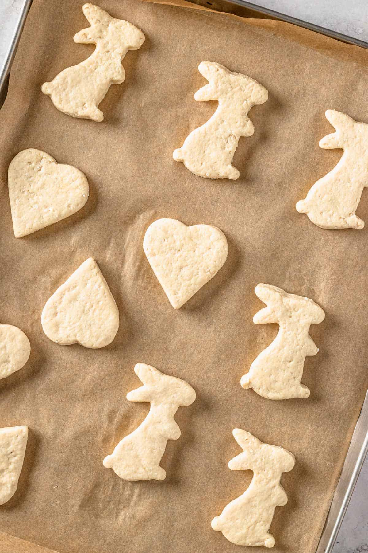 unbaked easter cheese cookies on baking sheet