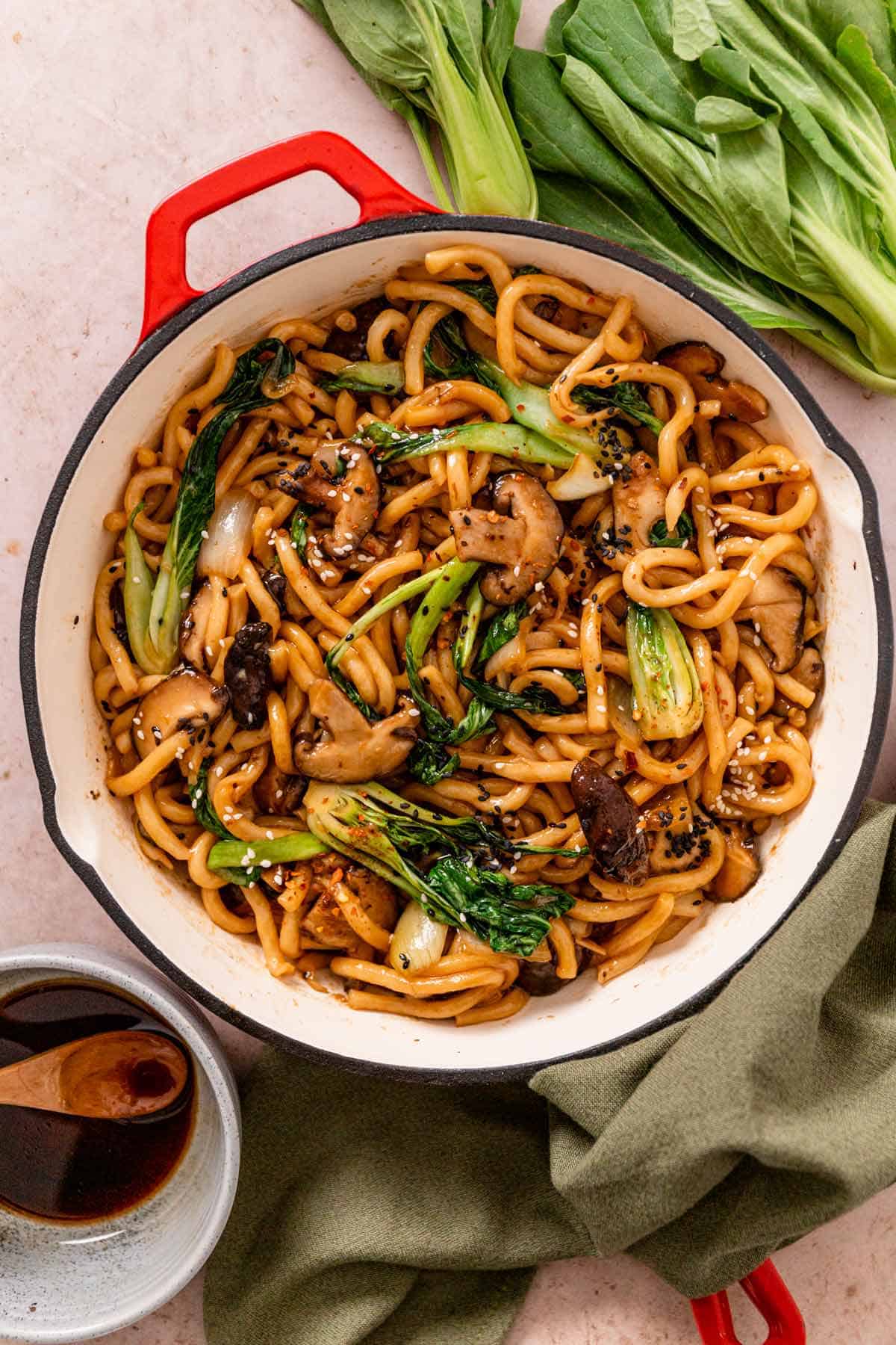 yaki udon stir fry with vegetables in a large skillet
