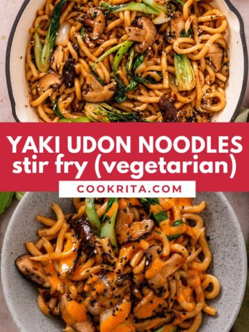 yaki udon stir fry with vegetables in a large skillet