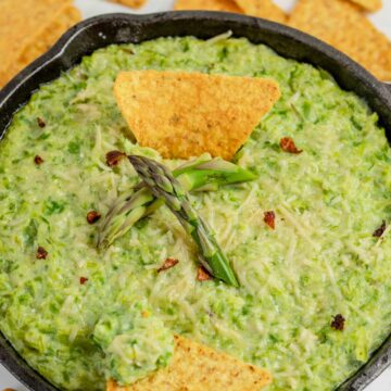 baked asparagus dip with tortilla chips