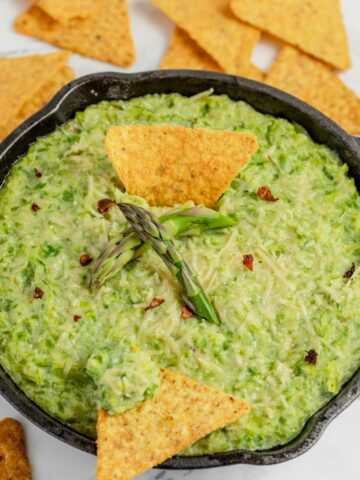 baked asparagus dip with tortilla chips