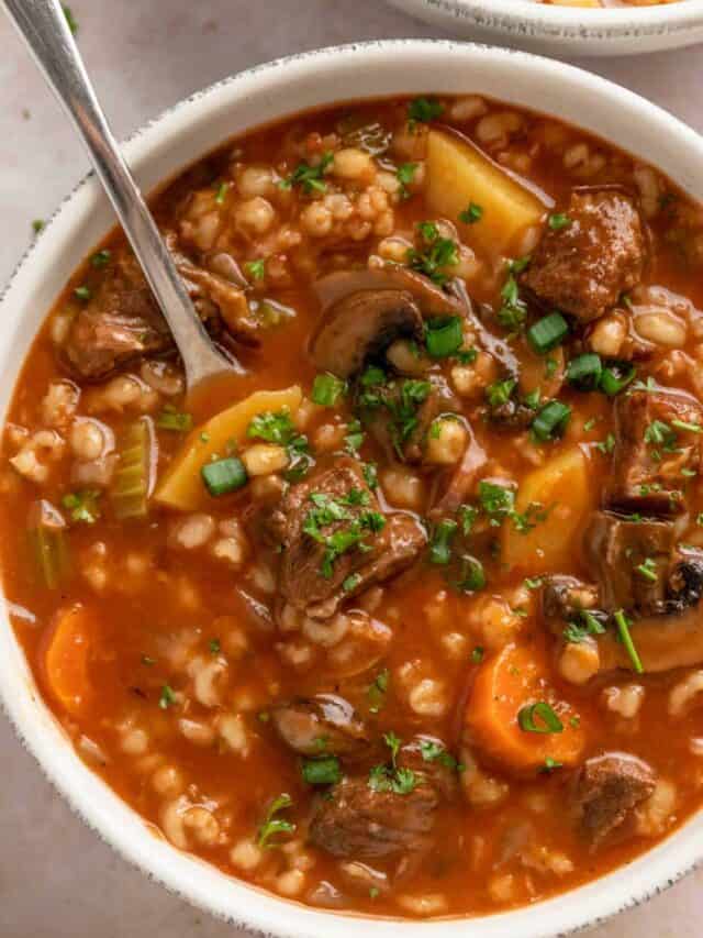 a bowl of crock pot beef barley soup