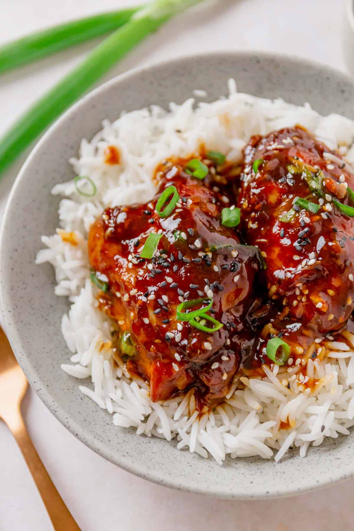 slow cooker chicken thighs served on a bed of rice