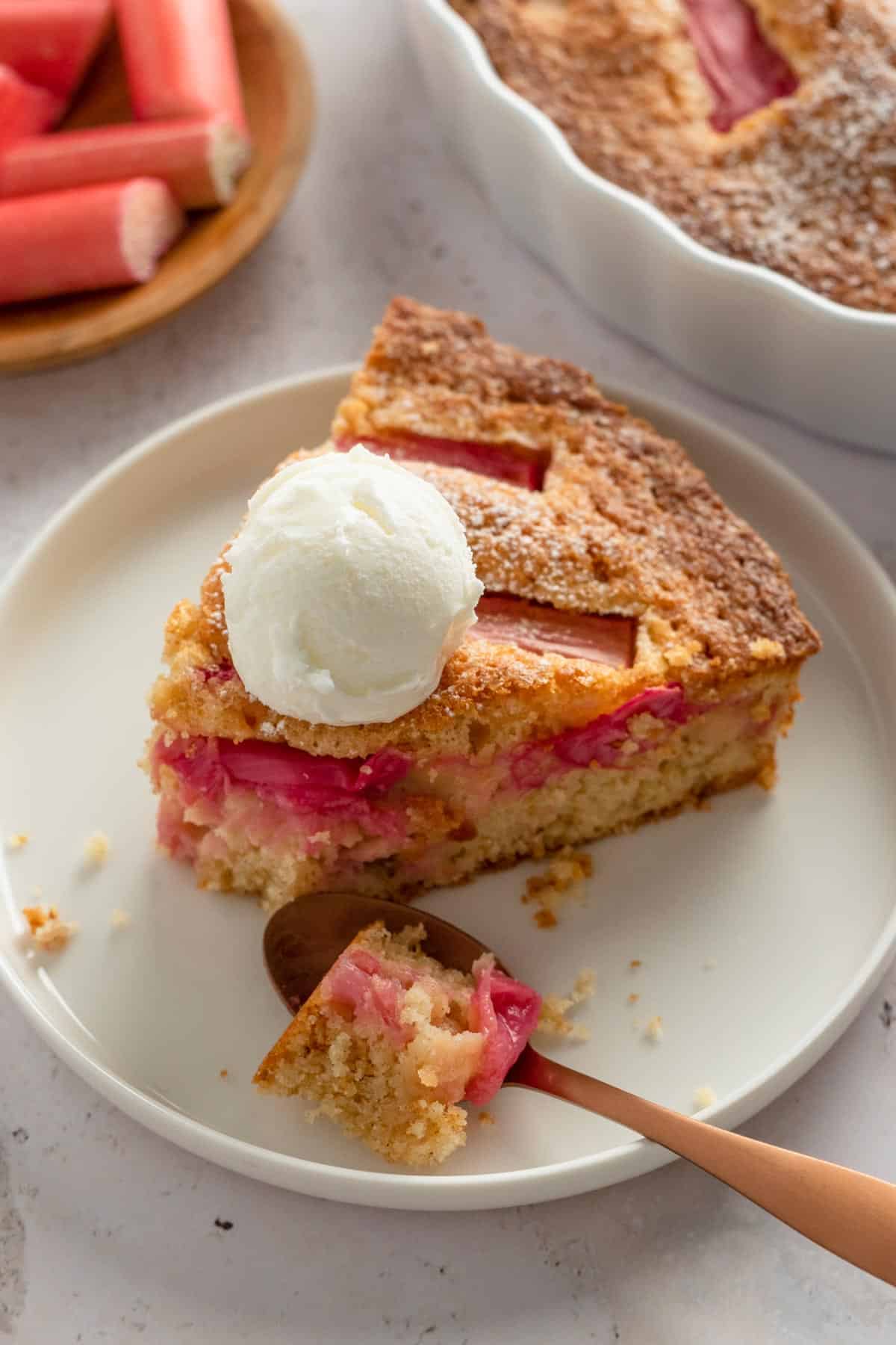 a slice of rhubarb pie with a scoop of vanilla ice cream on top