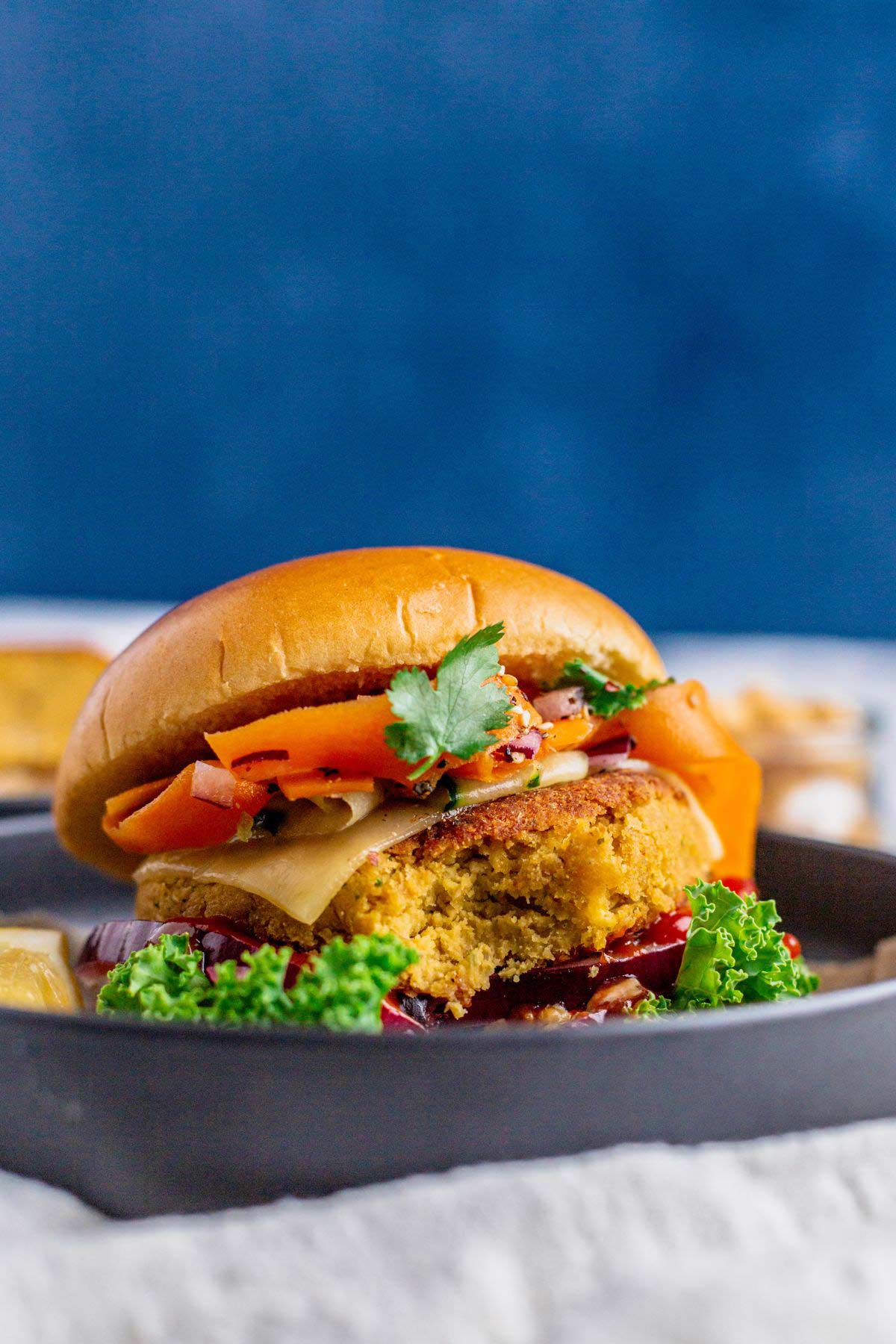 chickpea burgers with shimeji mushrooms and carrots.