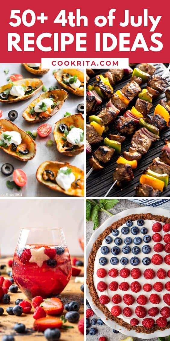 pinnable pinterest poster image with a collage of 4 images of recipes for 4th of july menu