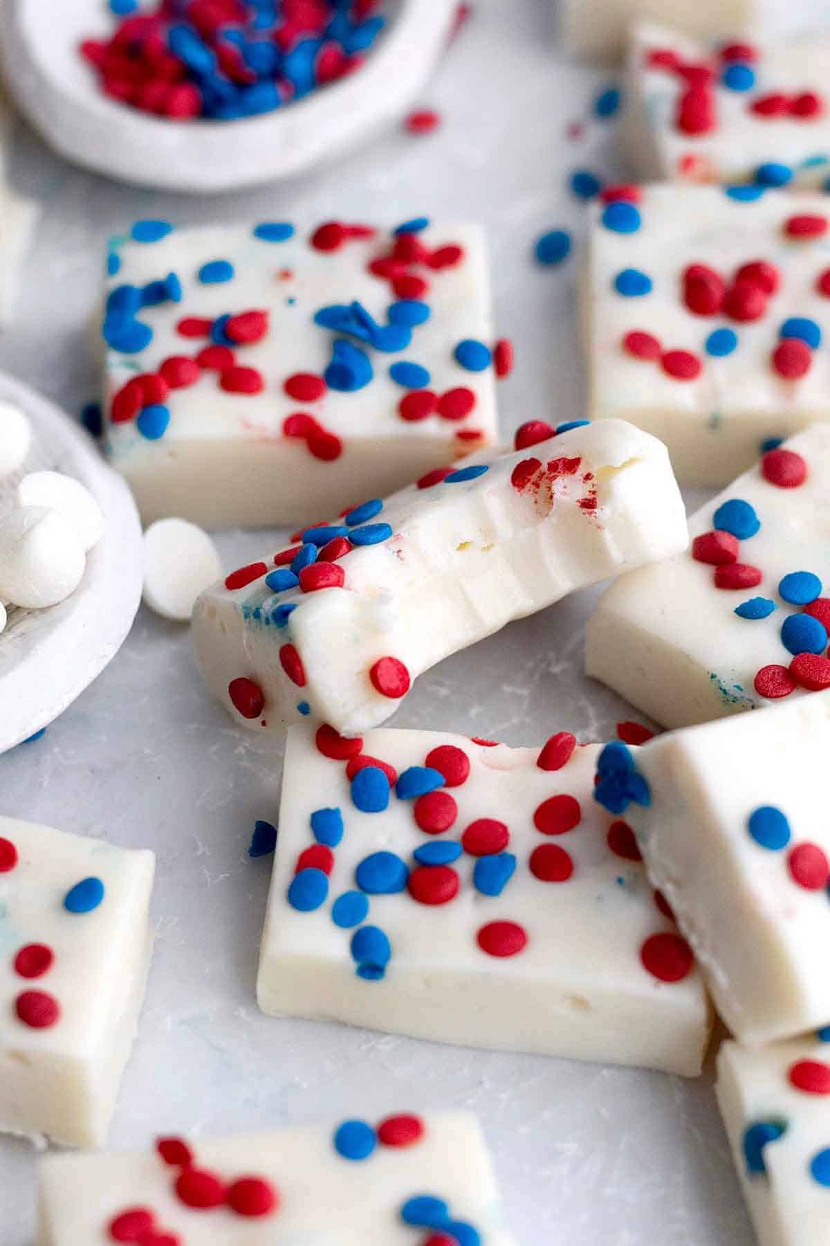 white chocolate fudge with red, white and blue sprinkles.