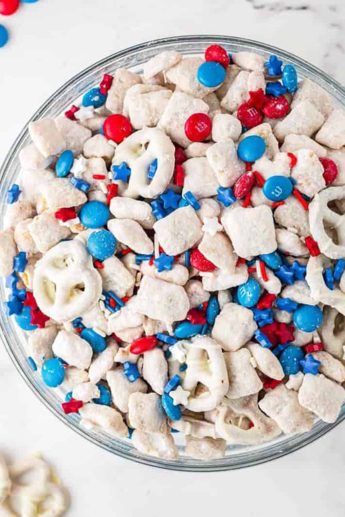patriotic puppy chow recipe in a bowl.