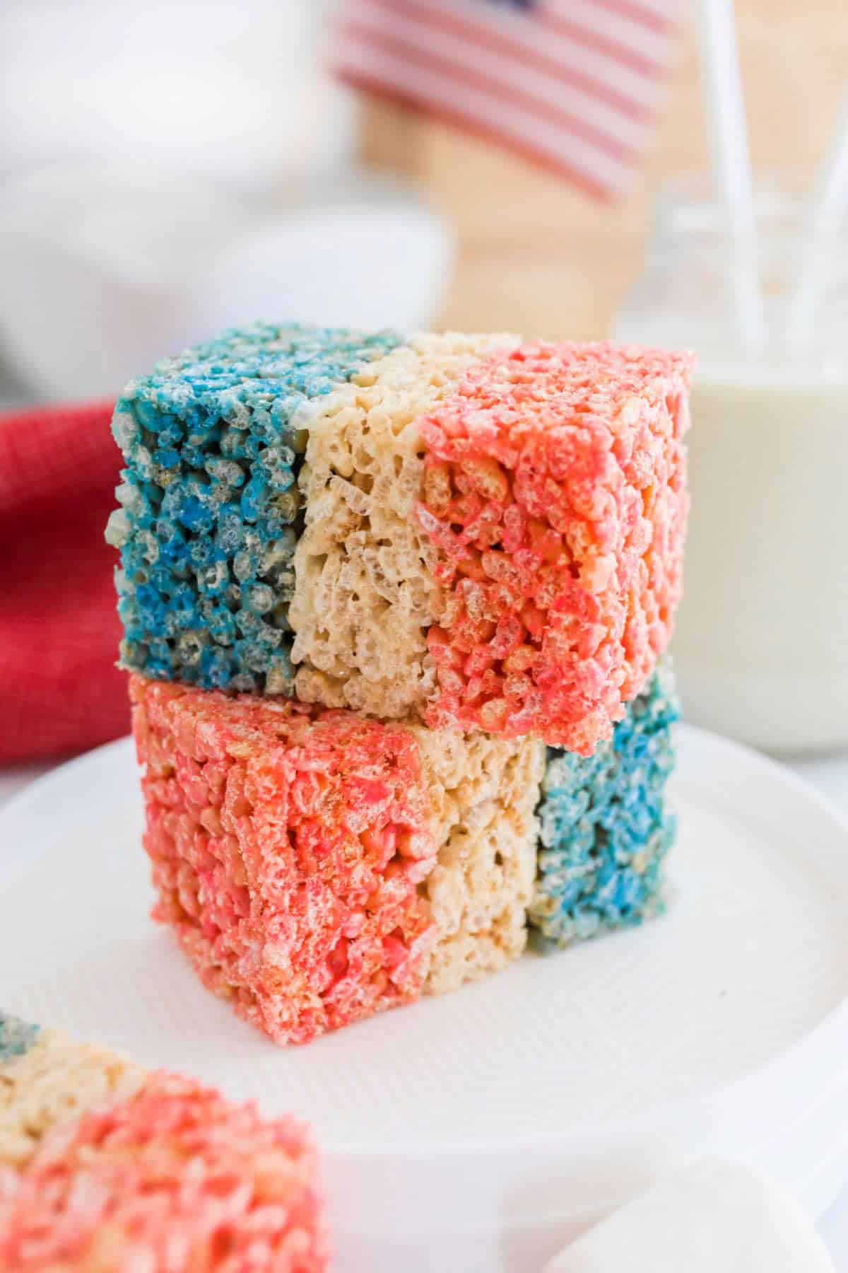 red, white, blue rice krispie treats stacked on top of each other.