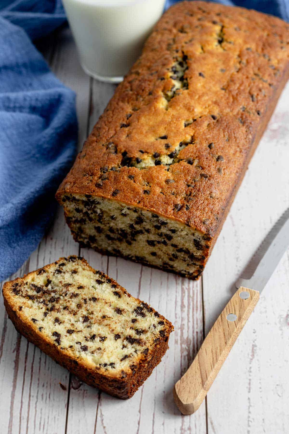 one slice cut from chocolate chip bread.