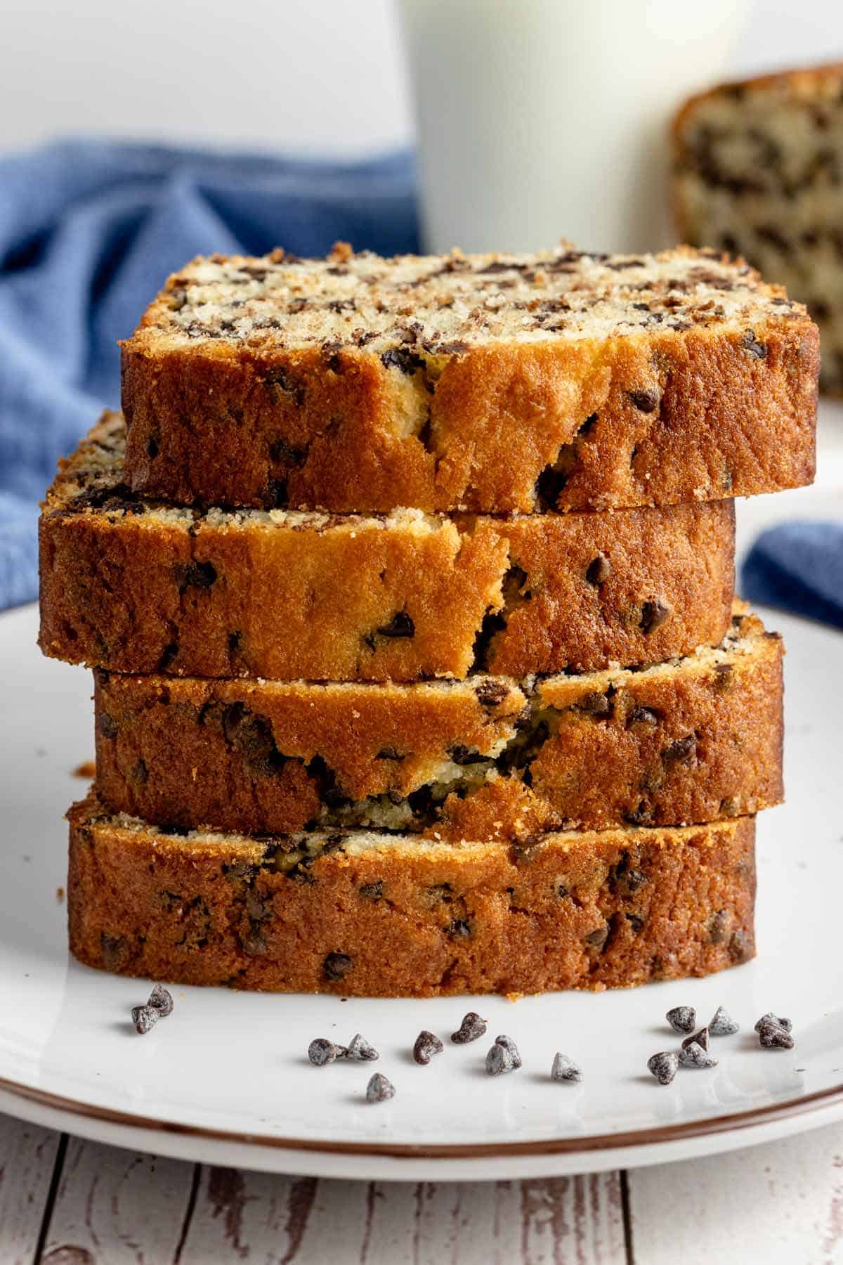 a stack of chocolate chip loaf bread cake slices.