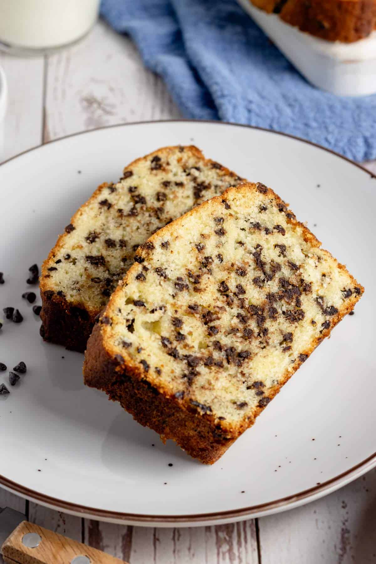 two chocolate chip bread slices on a plate.