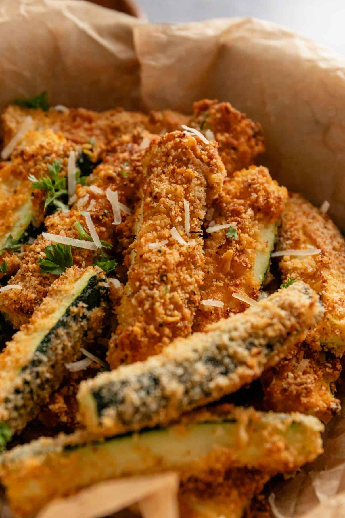 almond flour breaded zucchini fries in a bowl.