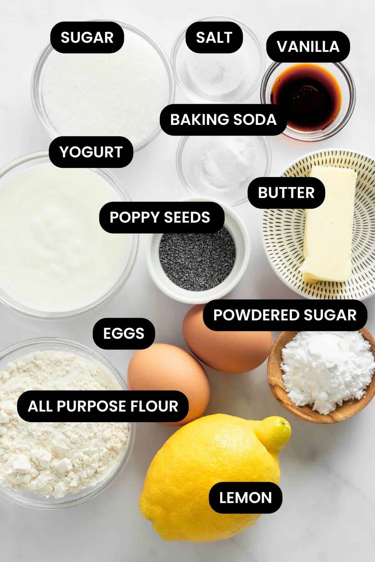ingredients for lemon poppy seed muffins.