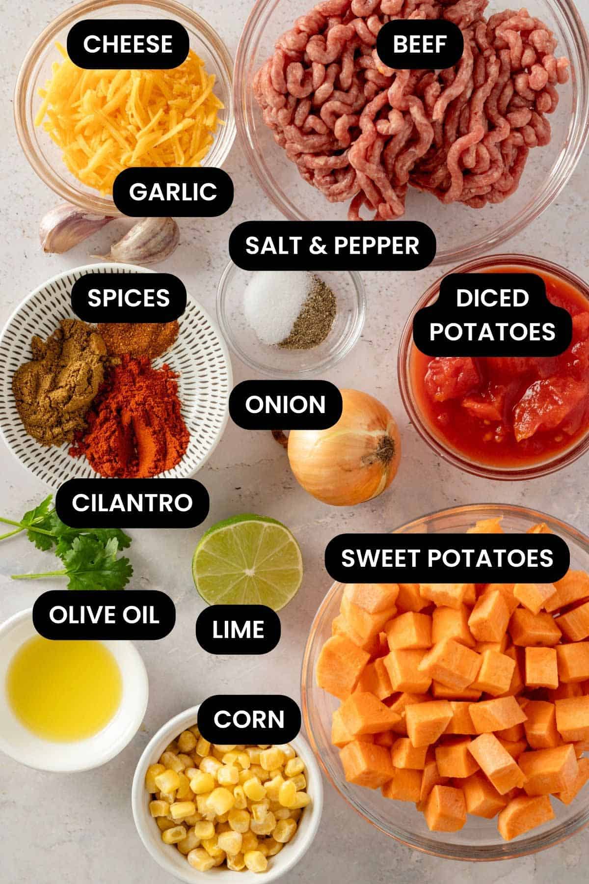 ingredients for mexican ground beef and sweet potatoes.