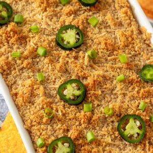 baked golden brown jalapeno dip in casserole.