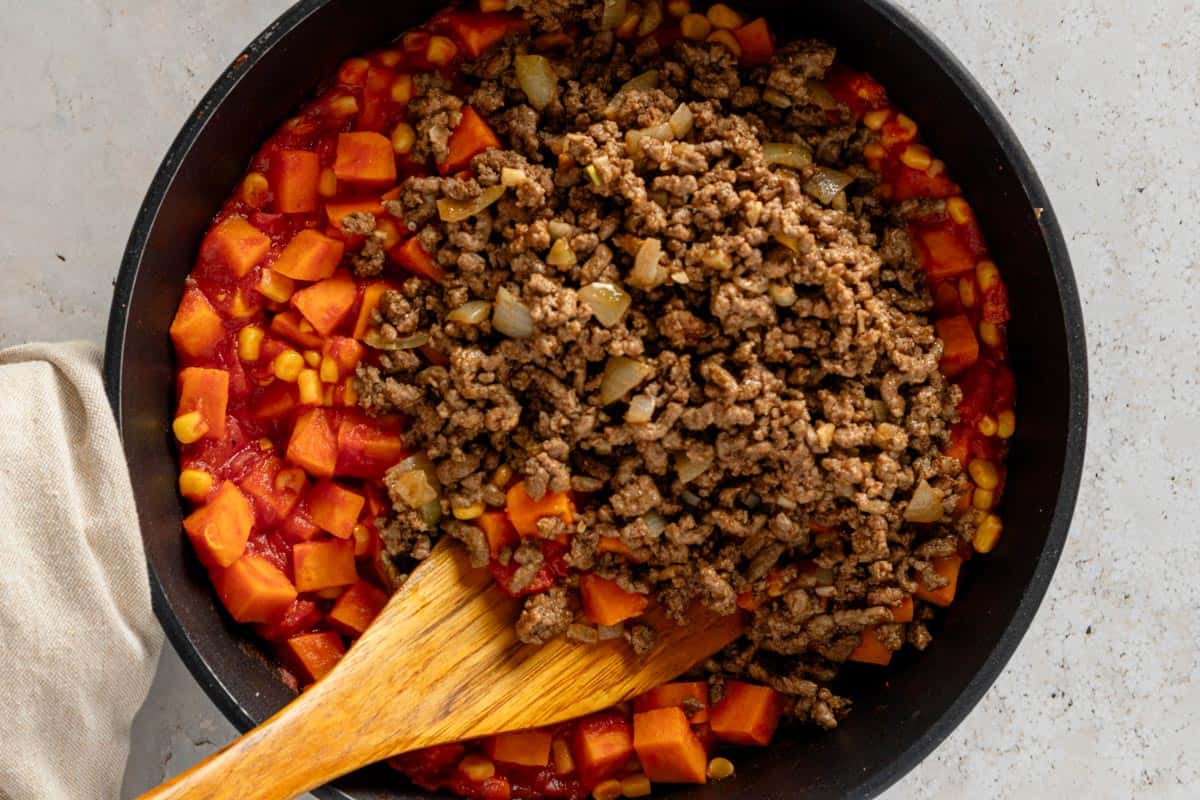 cooked ground beef added to sweet potato mixture.