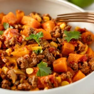a bowl of mexican ground beef and sweet potatoes.