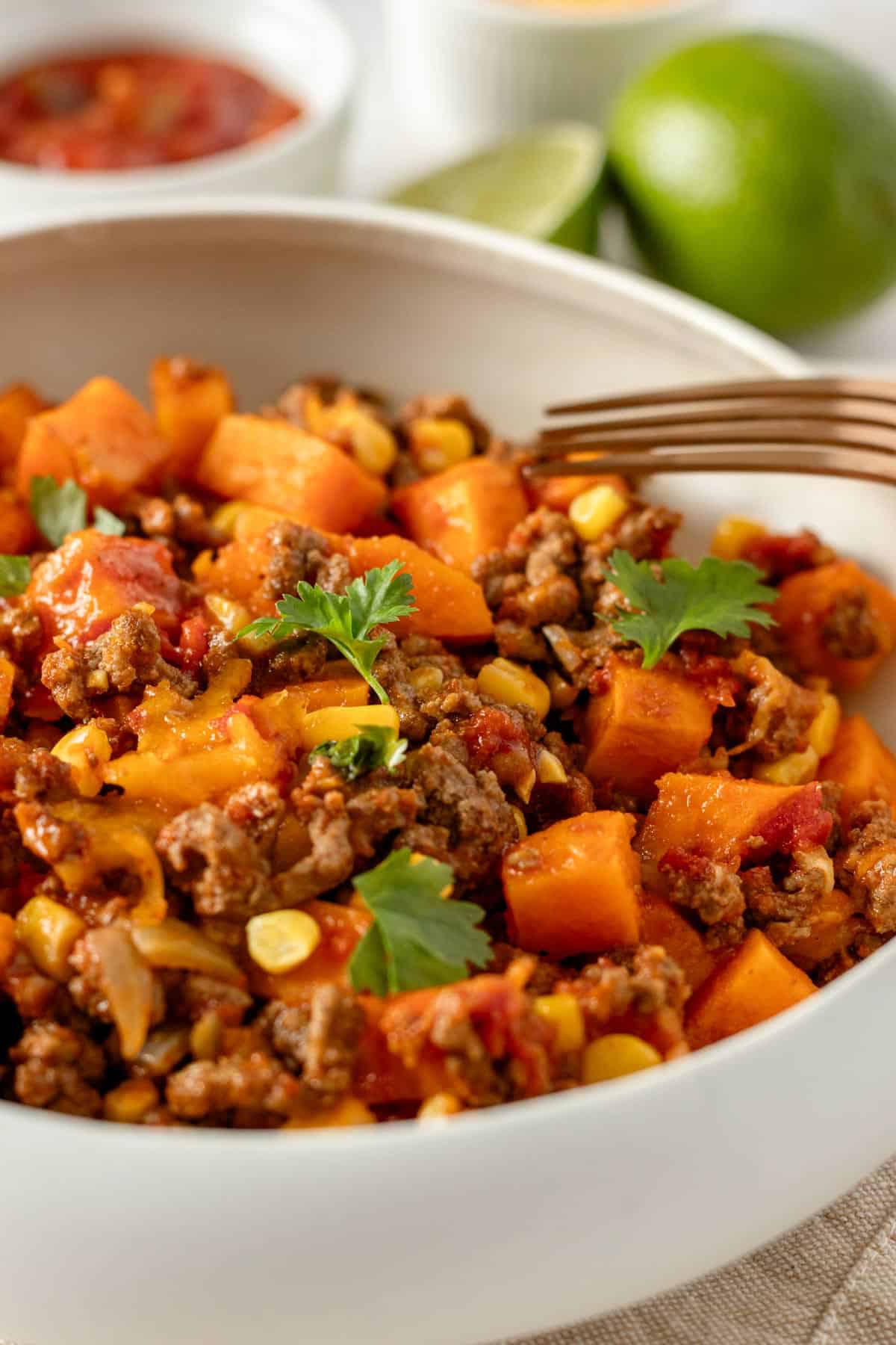 a bowl of mexican ground beef and sweet potatoes.