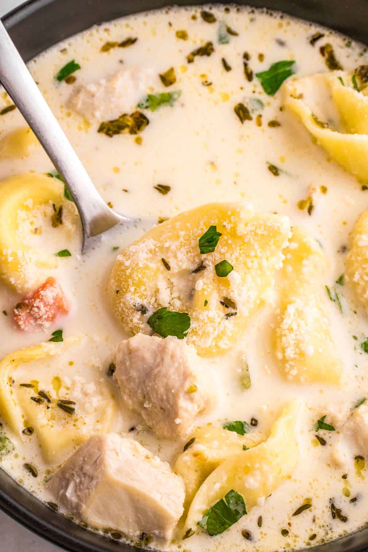 cheese tortellini soup in a pot.