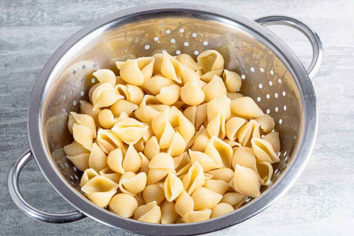 cooked shell pasta in colander.