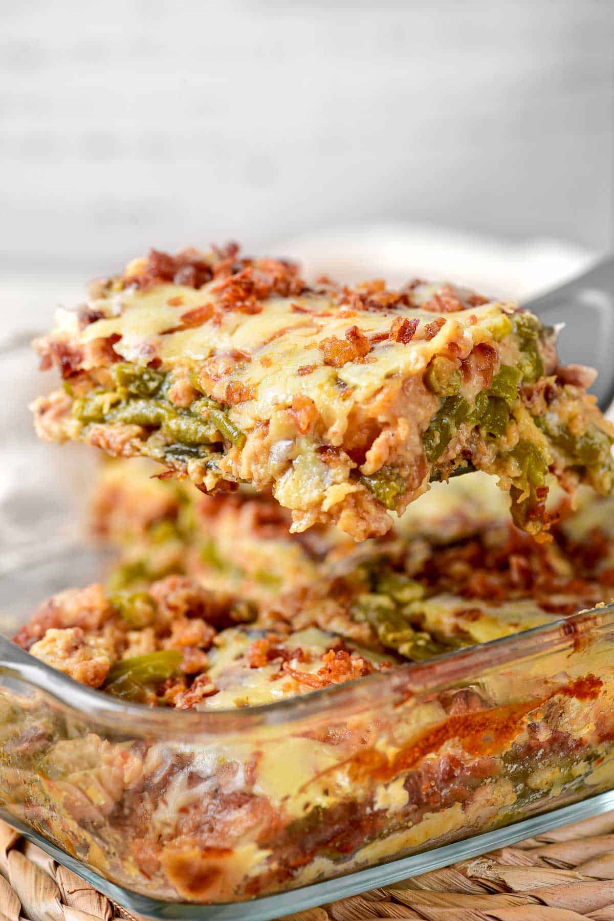 green bean casserole in baking dish.