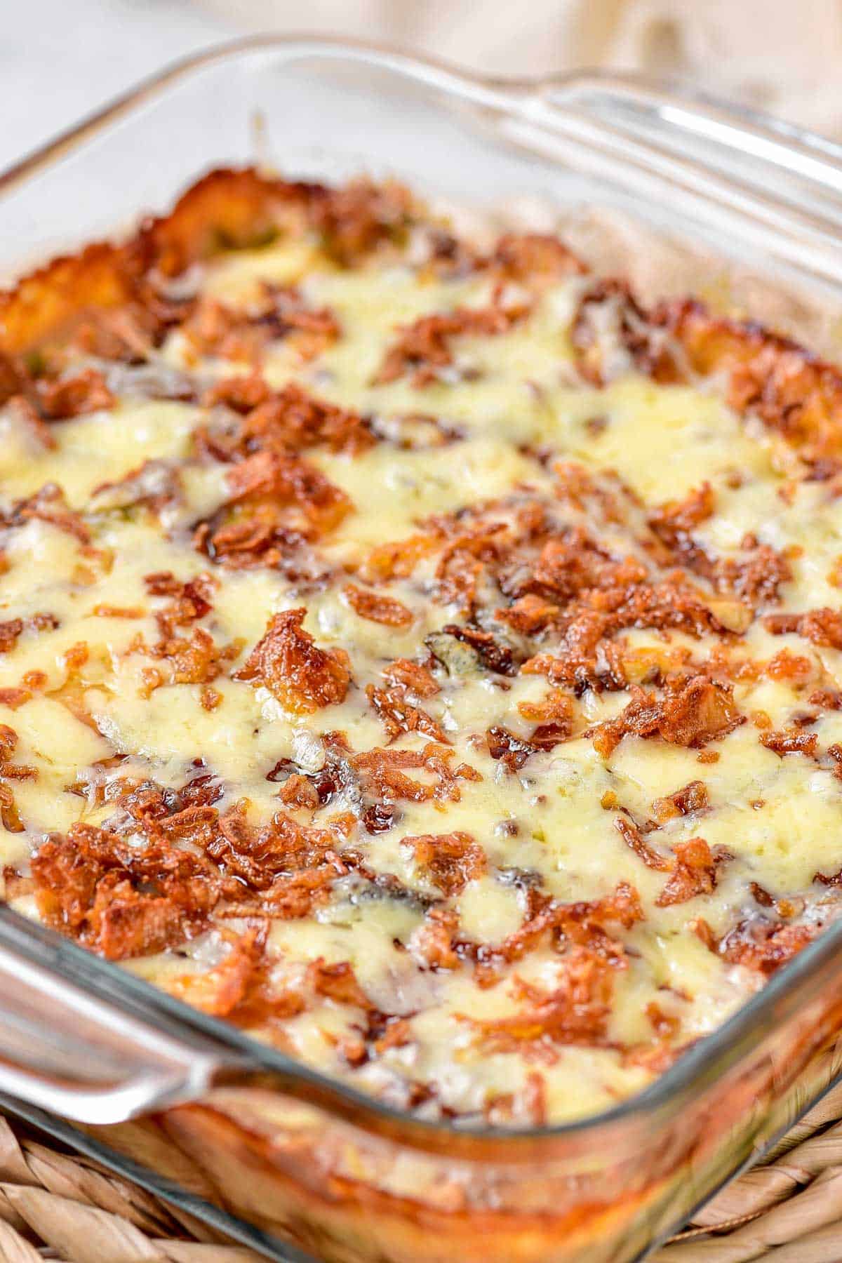 green bean casserole in baking dish.