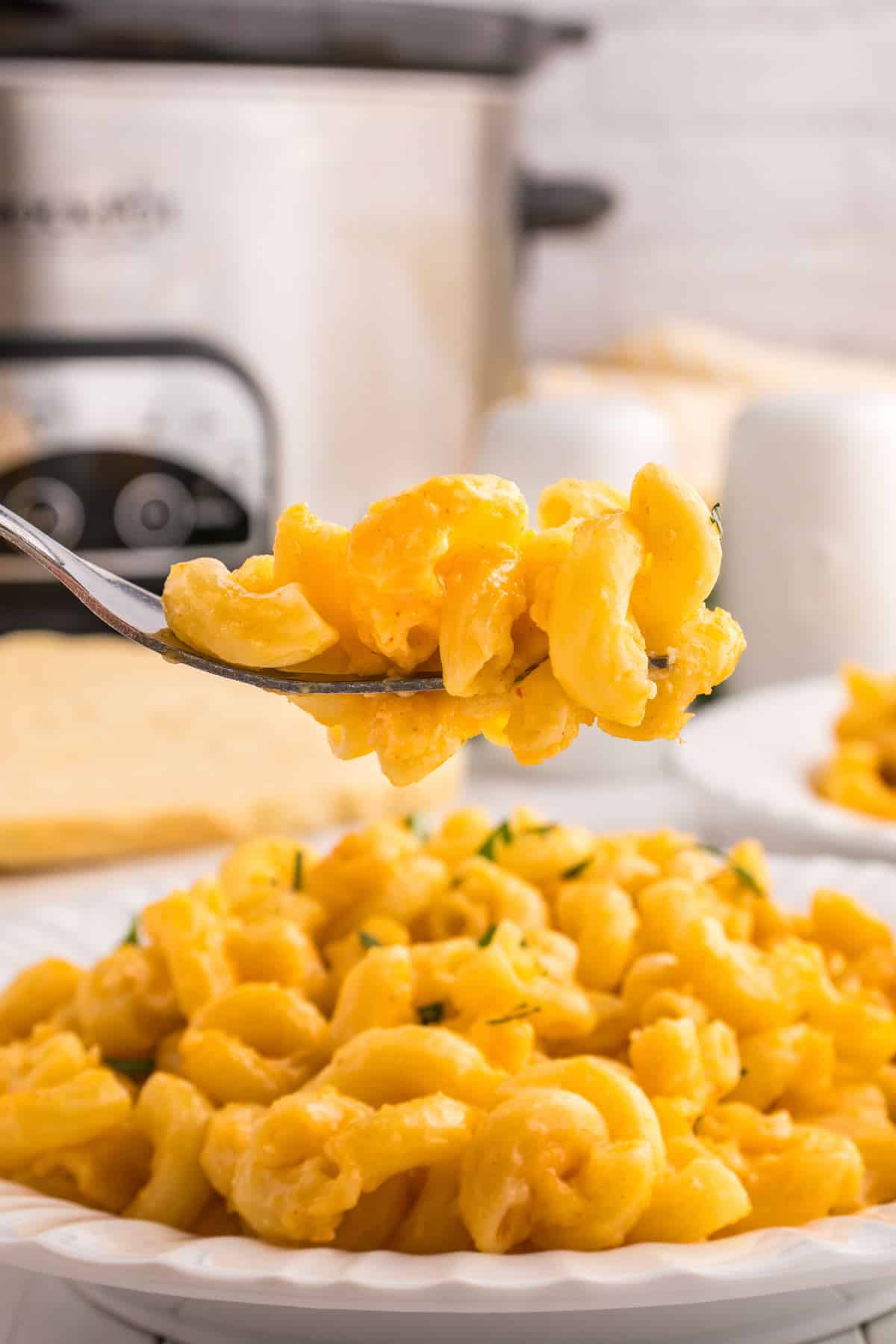 crock pot mac and cheese on a plate.