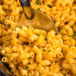 crock pot mac and cheese in crock pot.