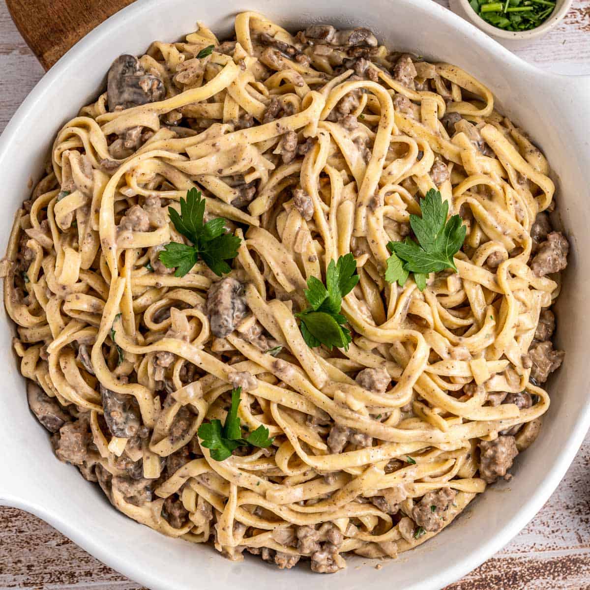 egg noodles with ground beef stroganoff sauce.