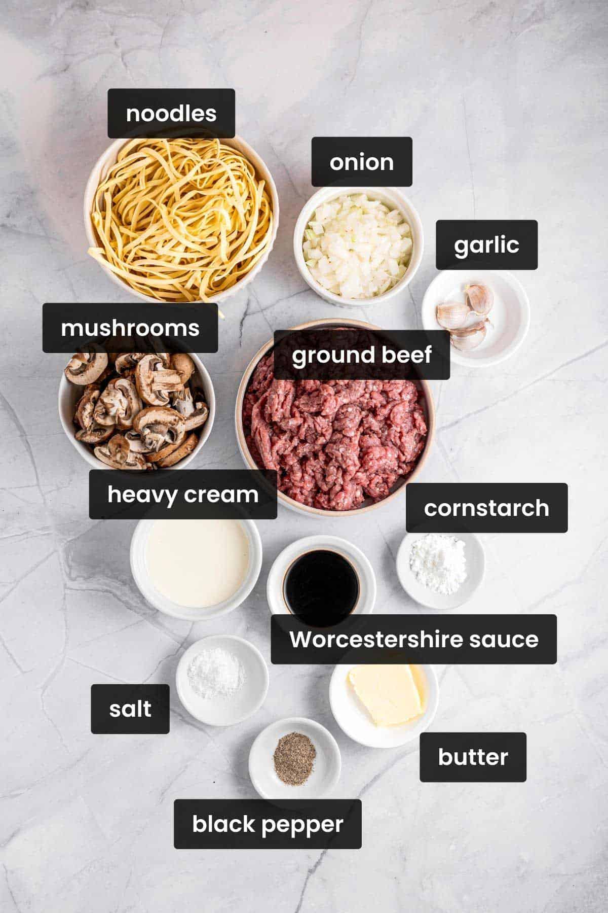 ingredients for ground beef stroganoff.