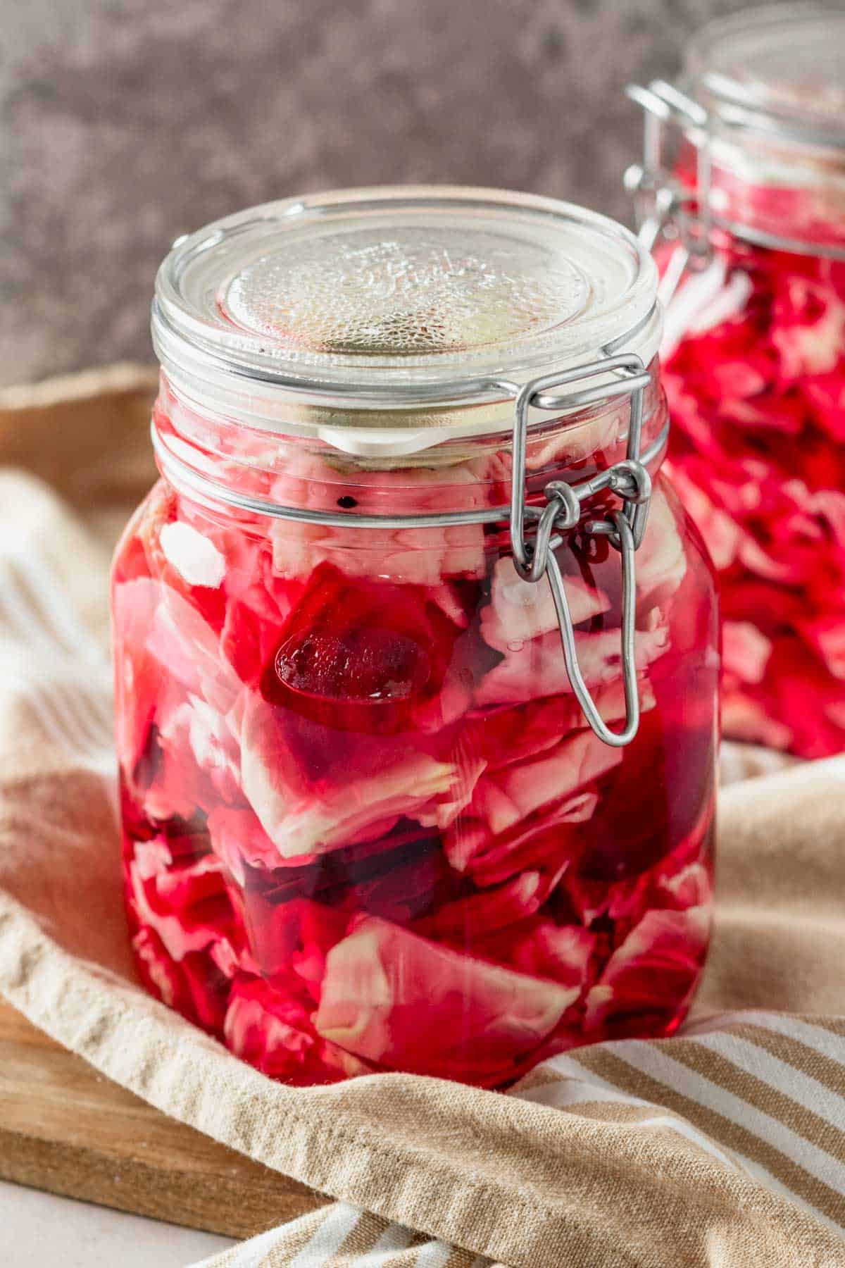 pickled red cabbage in glass jar.